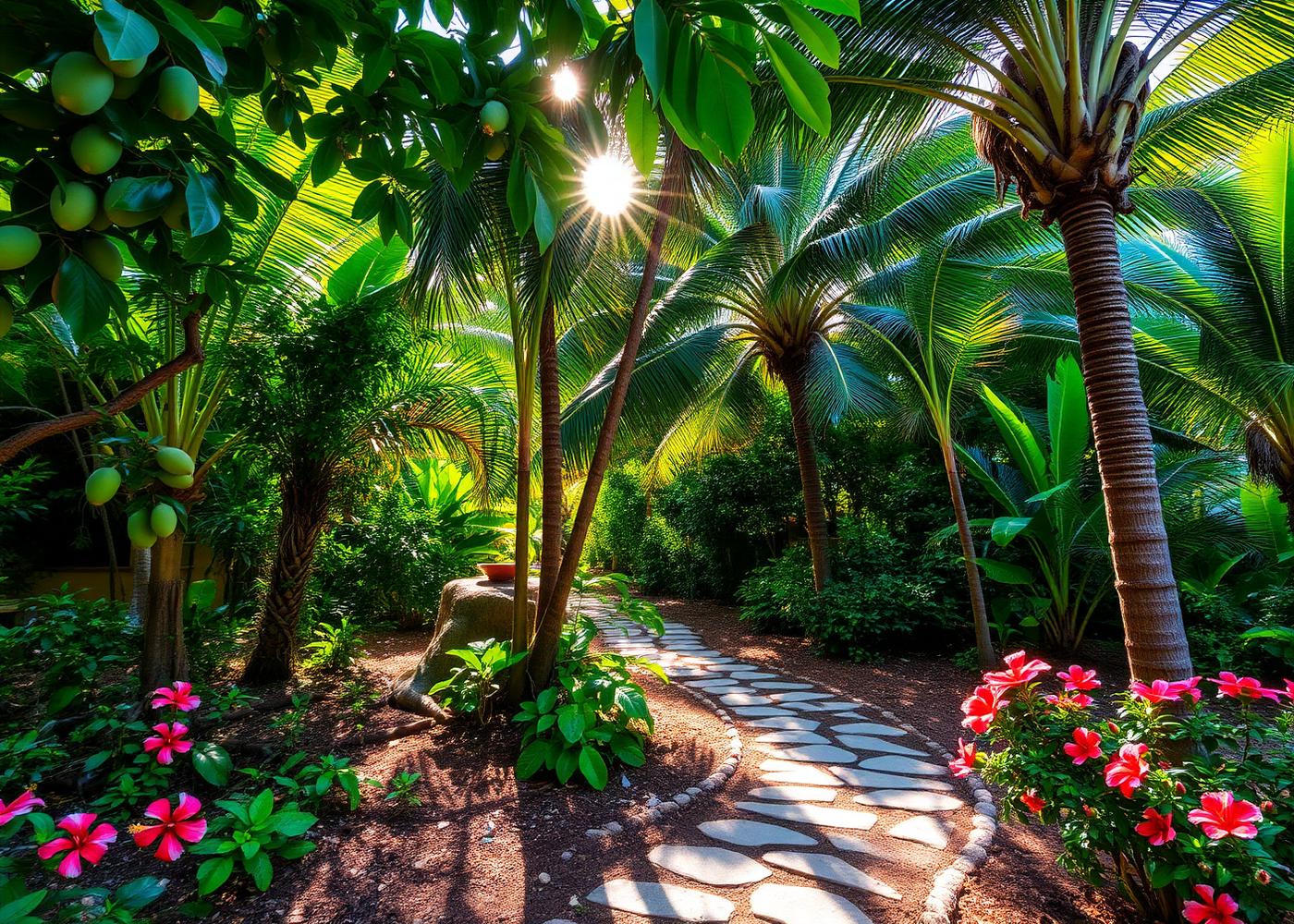 Lush tropical garden with fruit trees