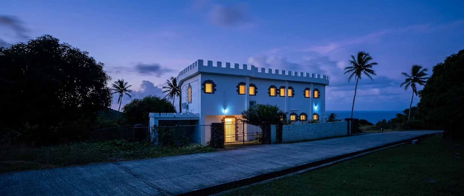 Villa Walnut illuminated at dusk